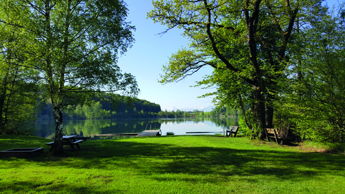 Landschaftsfoto mit Wiese, Bänken, Bäumen und mit Blick auf den Höllersee Landschaftsfoto mit Wiese, Bänken, Bäumen und mit Blick auf den Höllersee